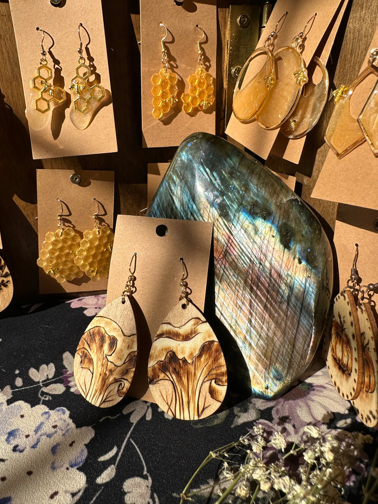 Woodburned Chanterelle Mushroom Earrings