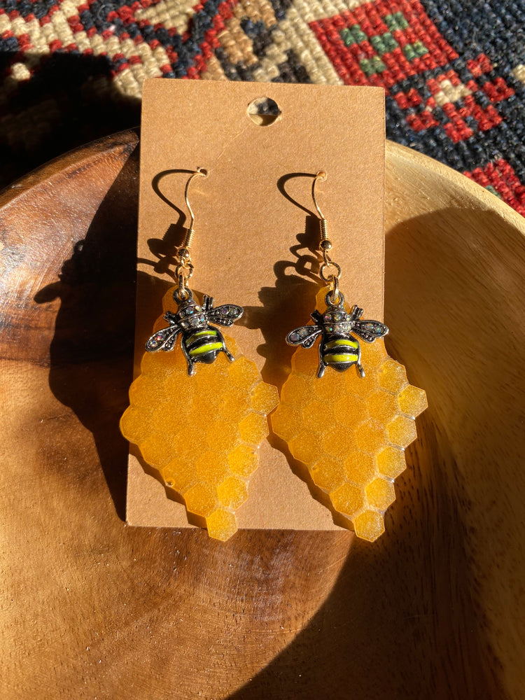 Honeycomb Earrings with Dangling Bee